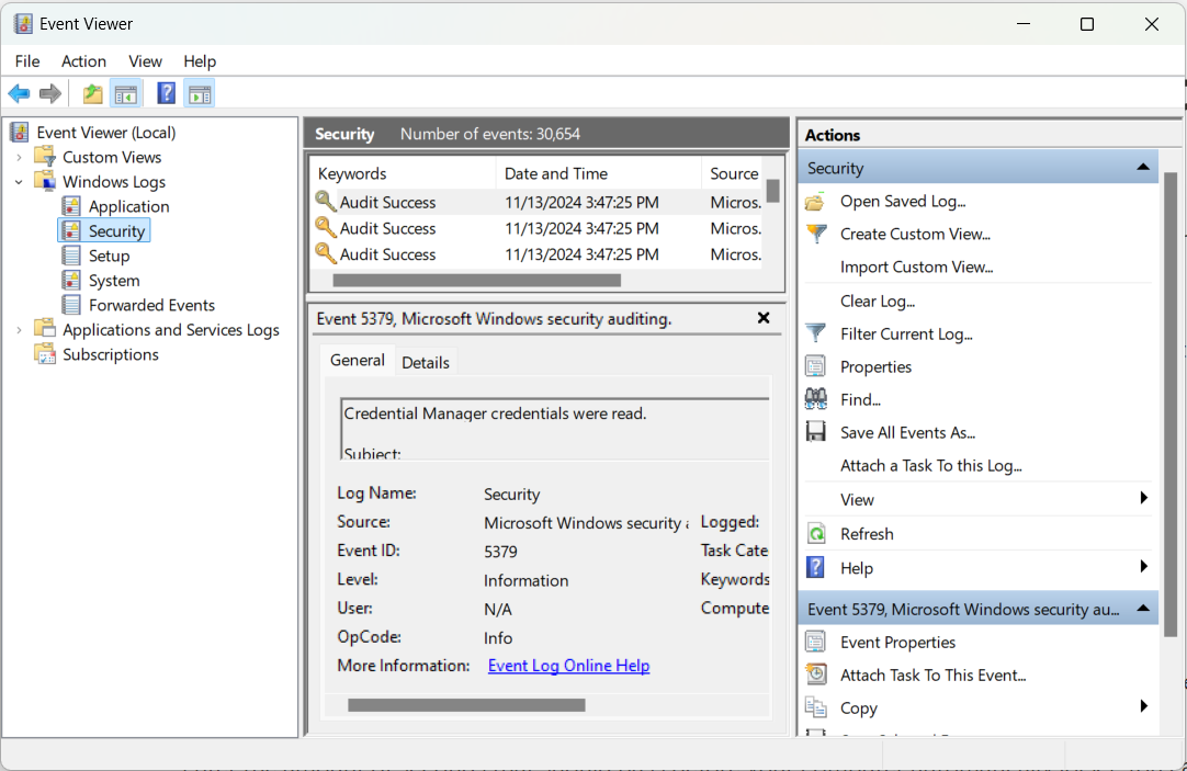 Viewing the security log in the Group Policy Editor on Windows.