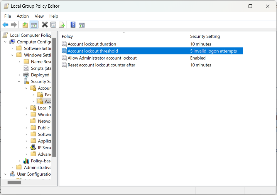 The "Account Lockout Threshold" policy highlighted in the Group Policy Editor on Windows.