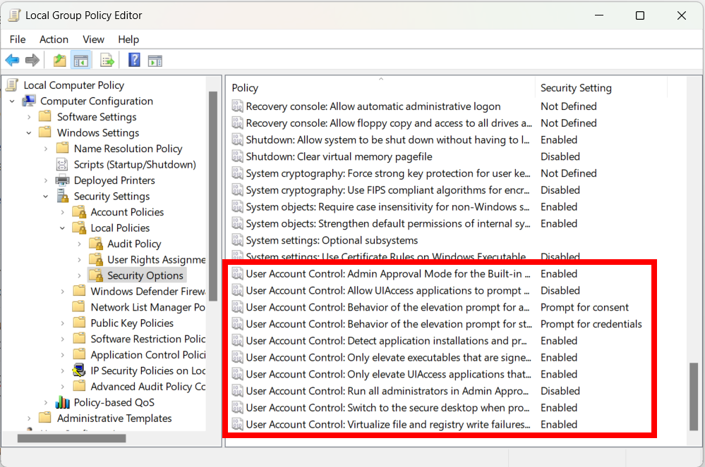 The UAC policies in the Group Policy Editor on Windows.