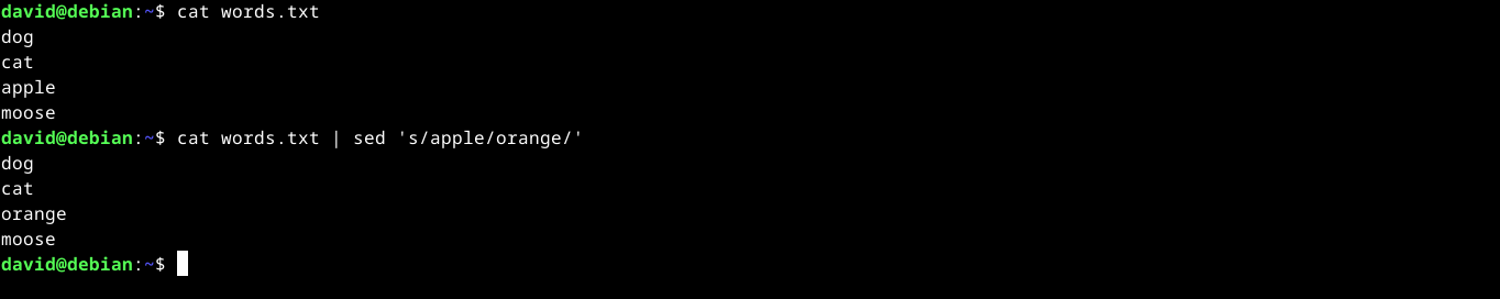 Replacing the word "apple" with "orange" in a text file with sed in the Linux terminal.