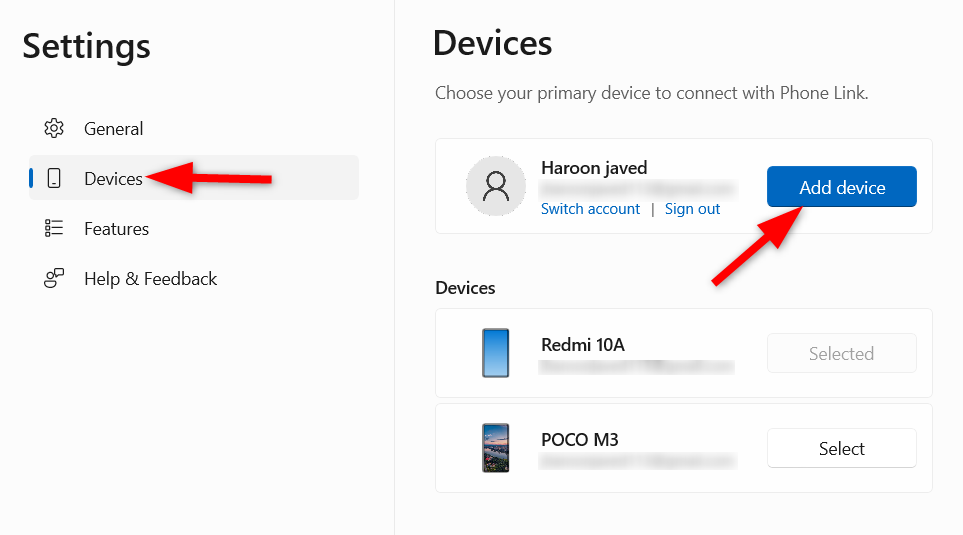 Добавление нового устройства в «Phone Link» из меню настроек.