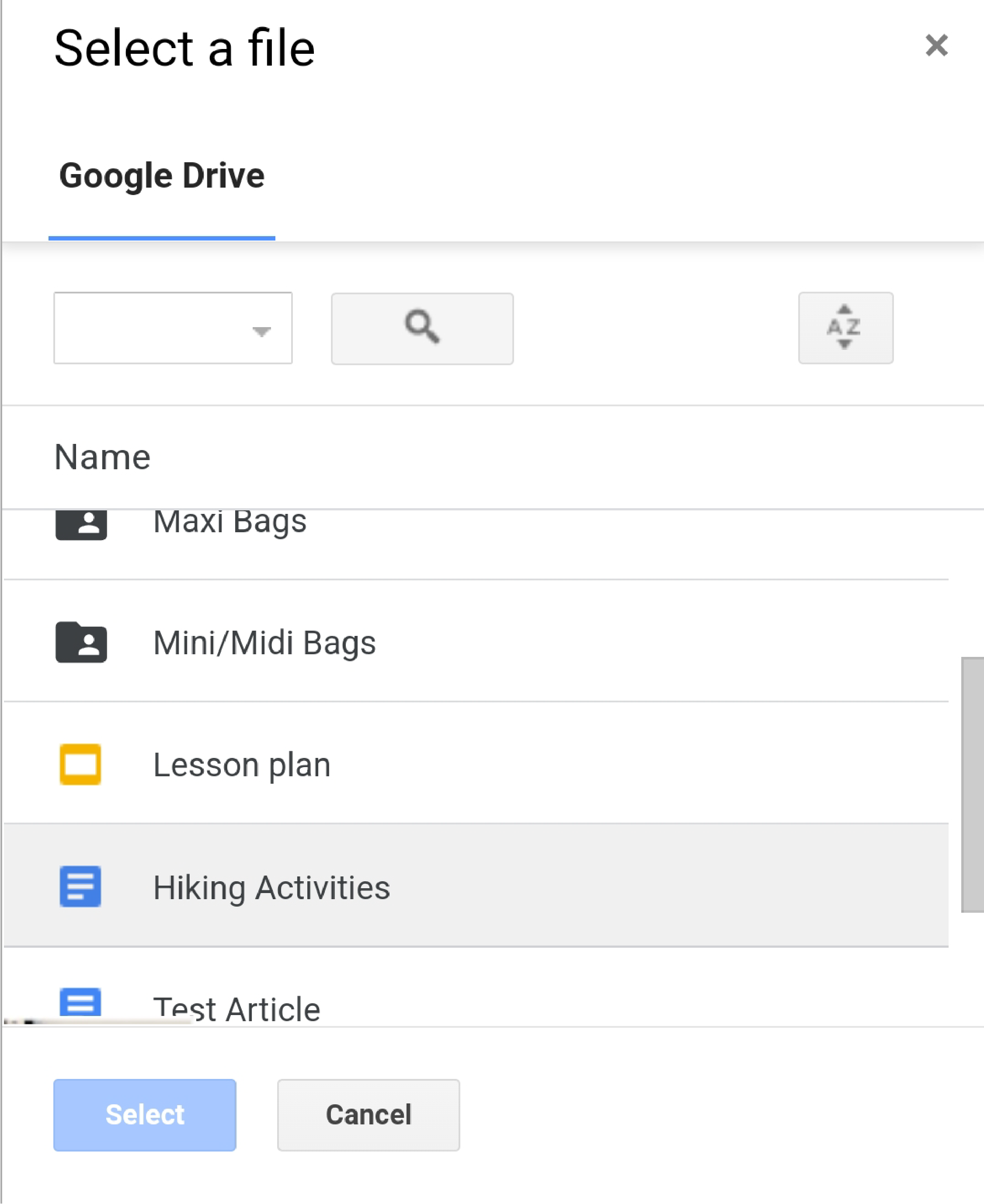 A list of Google Drive files available to be uploaded to ChatGPT