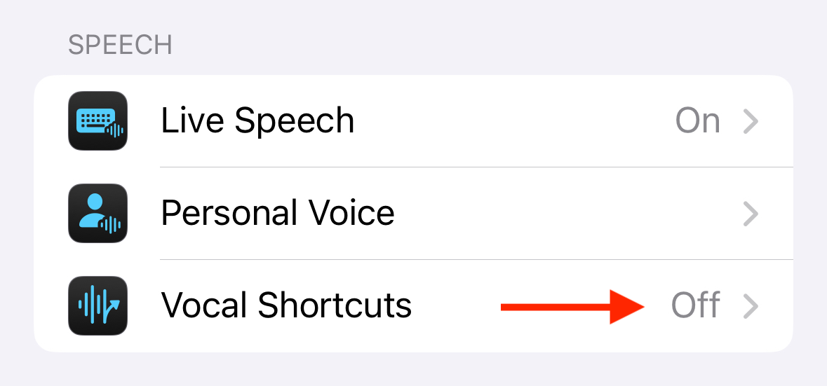 In iPhone Accessibility Settings, select “Singing Shortcuts.”