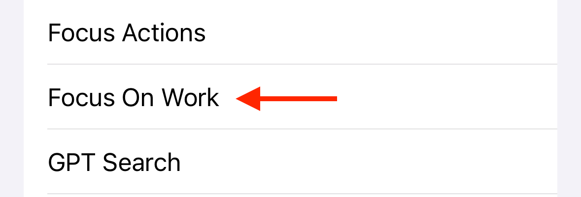 Select the Focus on Work shortcut in iPhone accessibility settings.