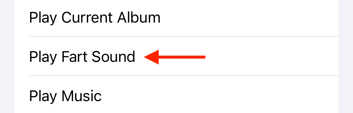 Selecting the “Play fart sound” shortcut in iPhone accessibility settings.