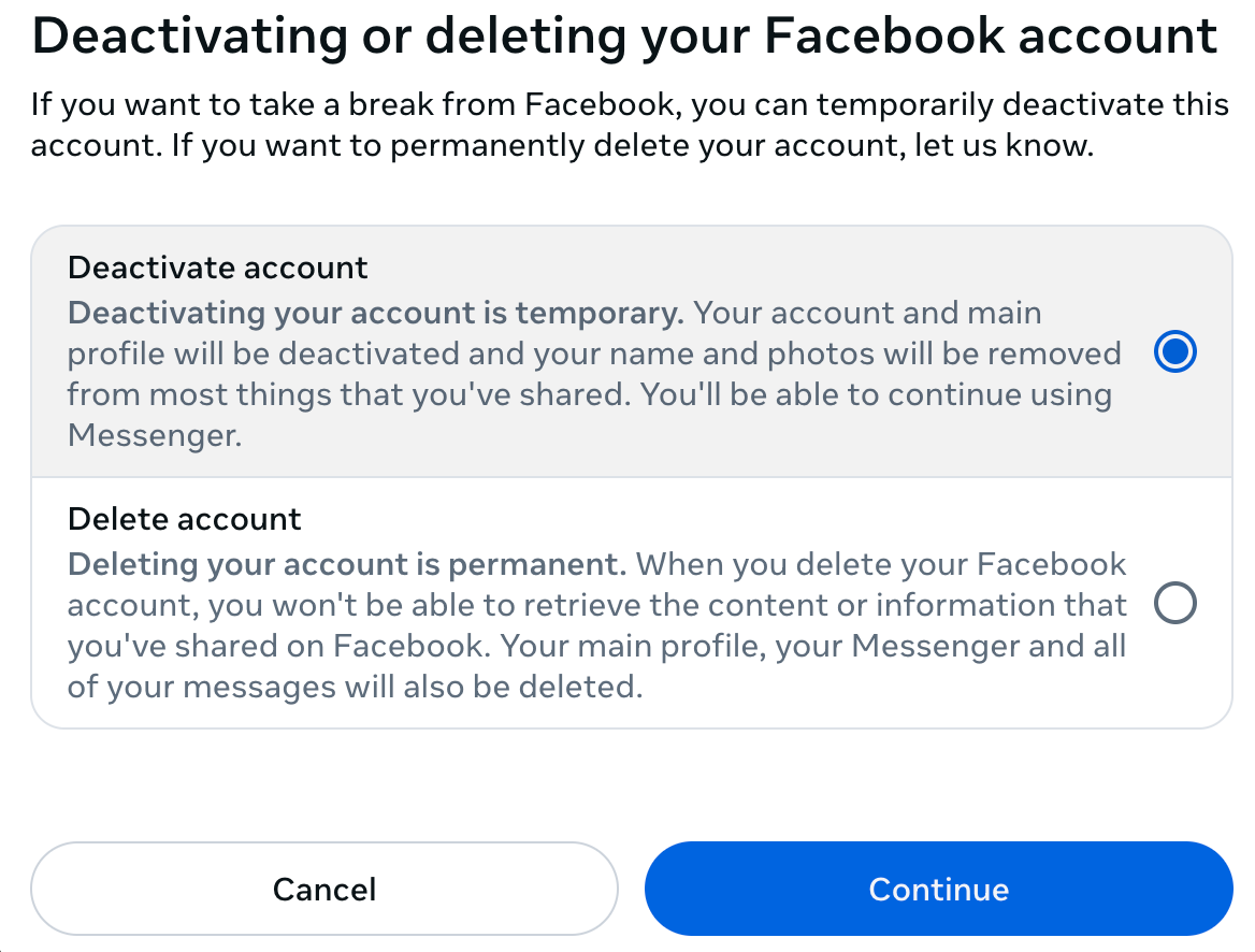 Selecting the option to deactivate account in Facebook.