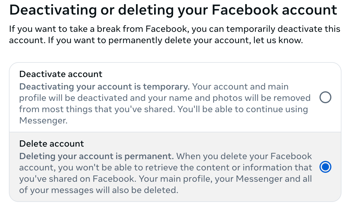 Selecting the option to delete a Facebook account.