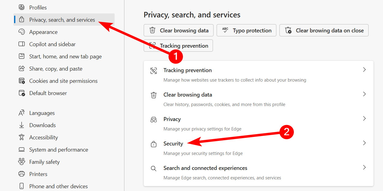 Navigating to the "Security" screen in the settings of Microsoft Edge on Windows 11.