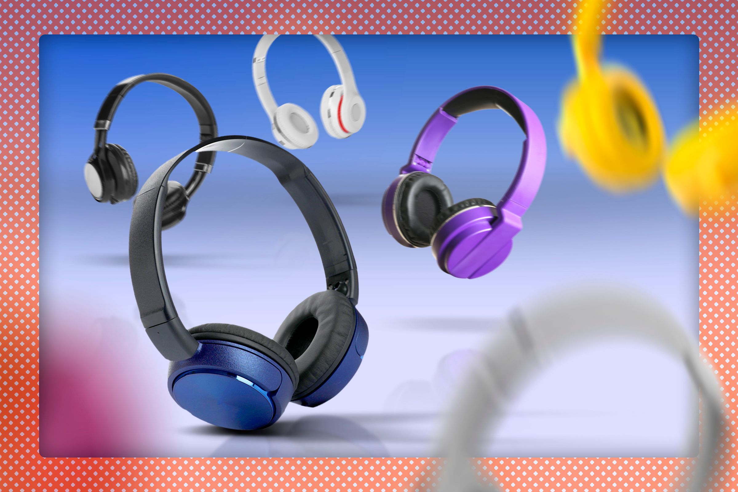 Several headphones on a gradient background.