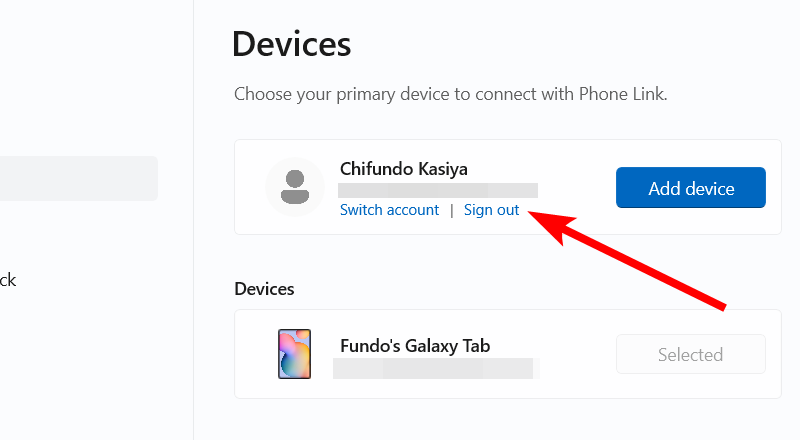 Sign out of Microsoft account in the Phone Link app on Windows.
