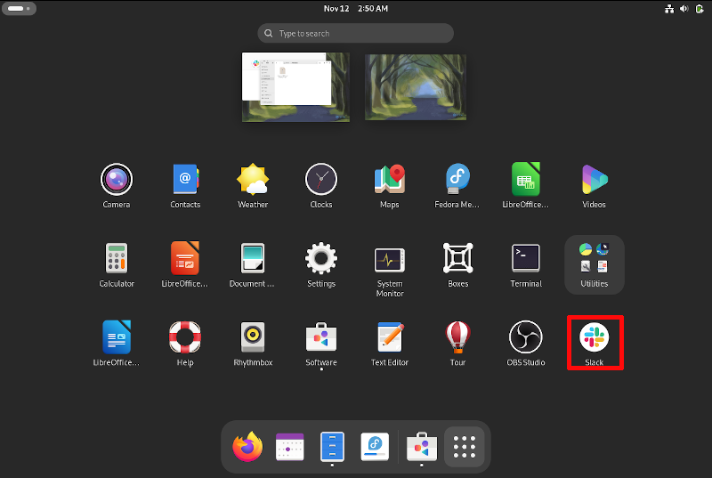 A picture of Slack in the Fedora app menu