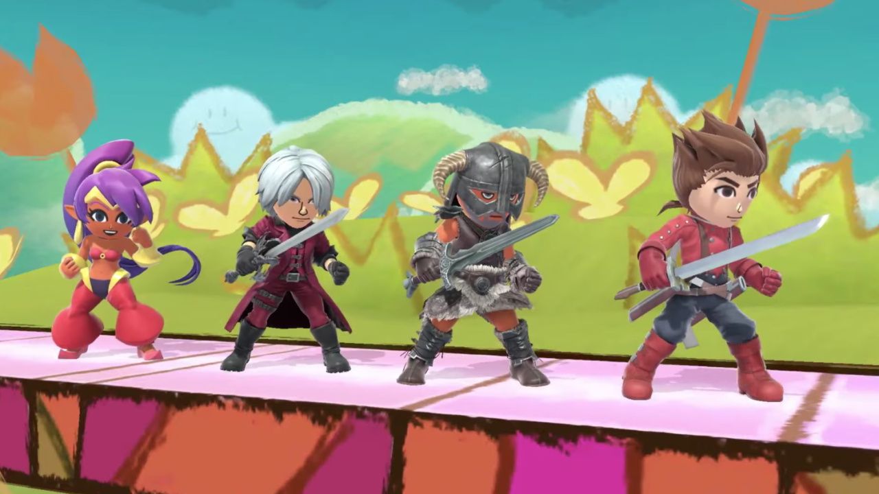 From left to right, Miis dressed as Shantae, Dante, the Dovahkiin, and Lloyd Irving in Super Smash Bros Ultimate.