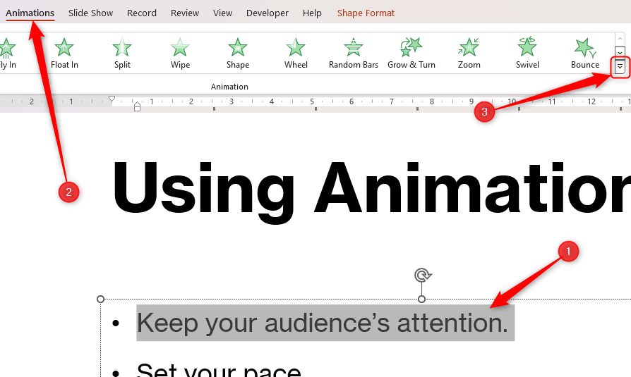 Some text is selected in PowerPoint, and the Animation tab is selected with the down arrow highlighted.