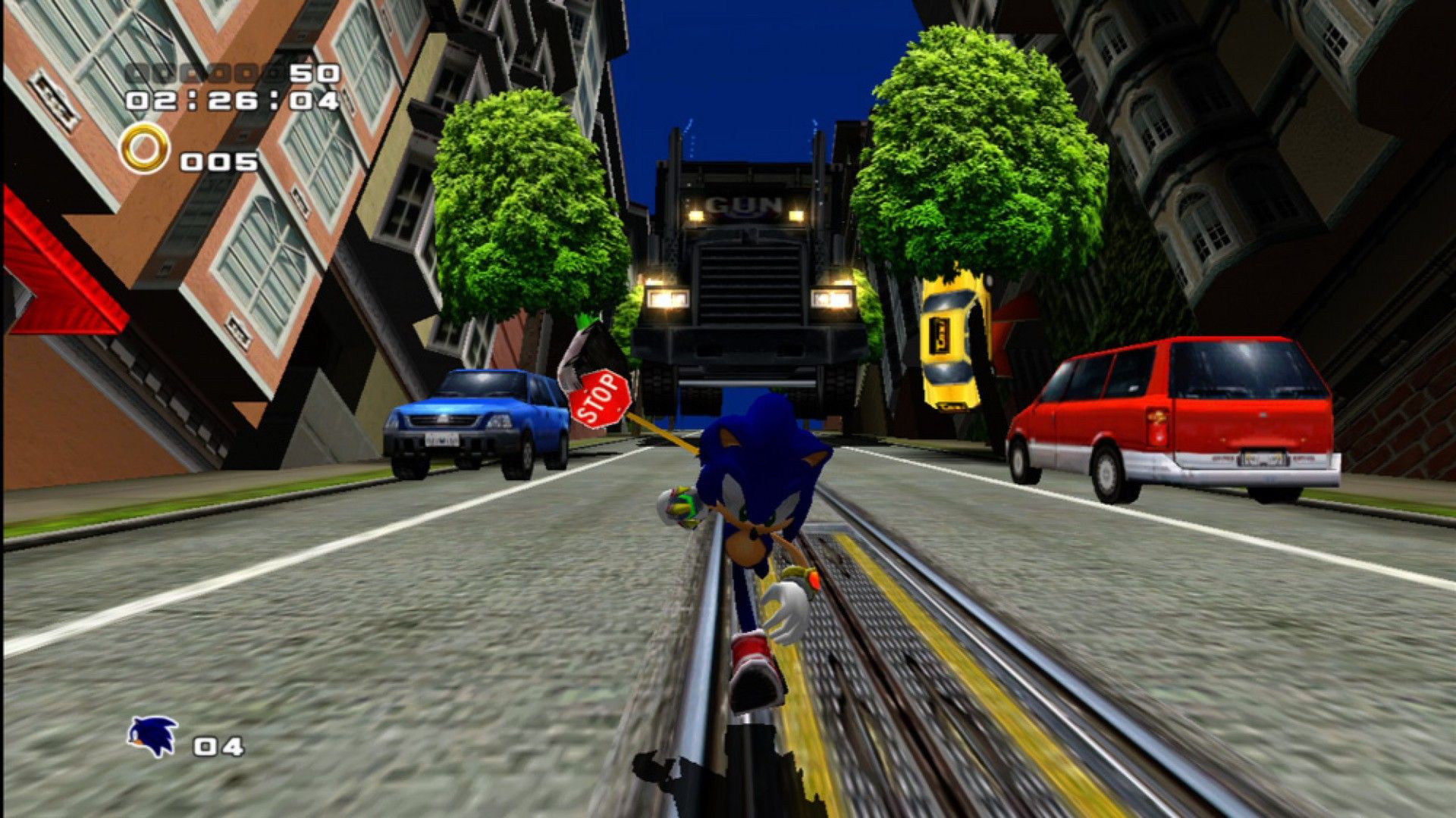 Sonic running from a truck in Sonic Adventure 2.