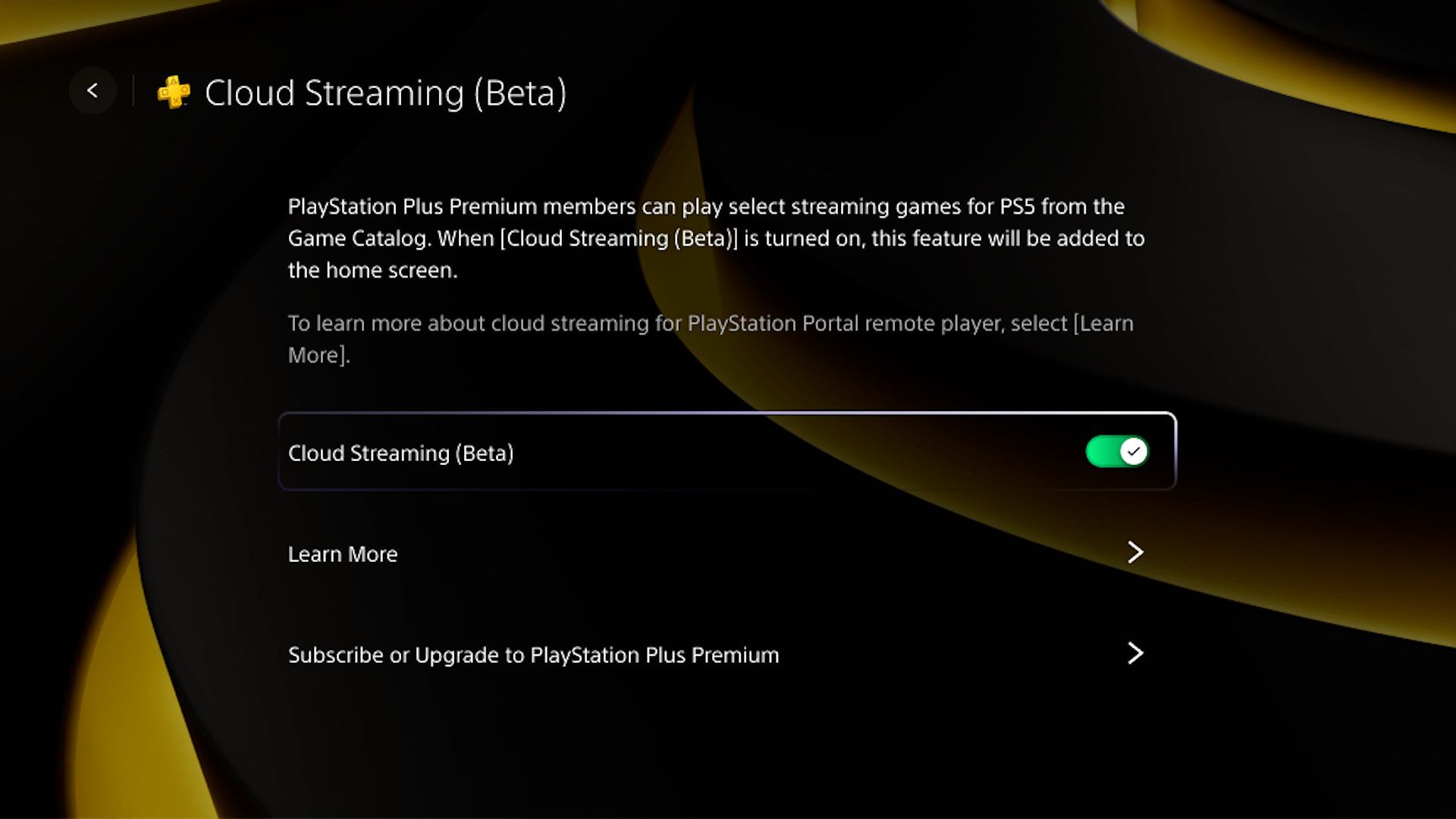 The PlayStation Portal settings with the cloud gaming feature enabled.