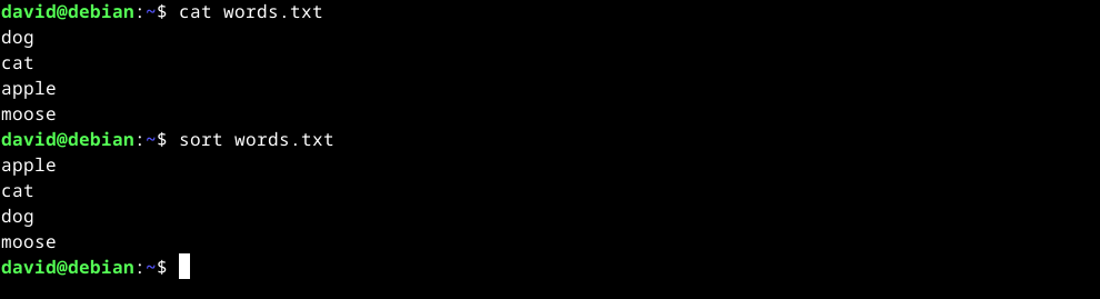 Using the cat command on a list of words in a text file, followed by the same filed sorted using the sort command in the Linux terminal.