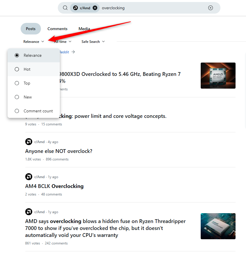 The sorting options expanded in a Reddit search for "overclocking" on r/AMD. 