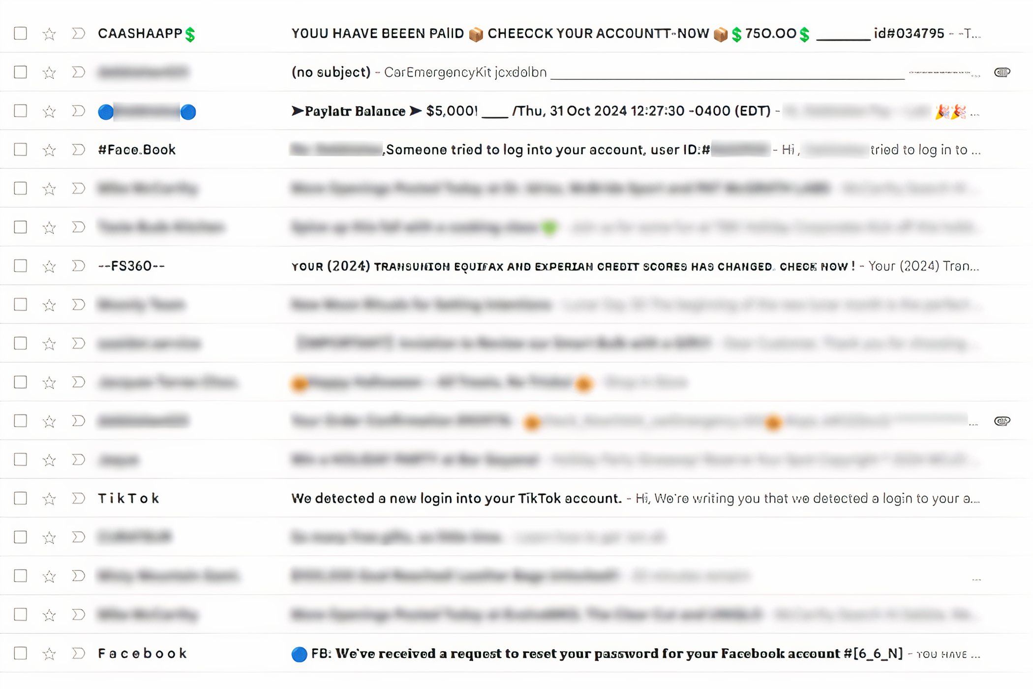 Screenshot of Gmail's spam folder filled with emails that have abnormal fonts and urgent claims in the subject line