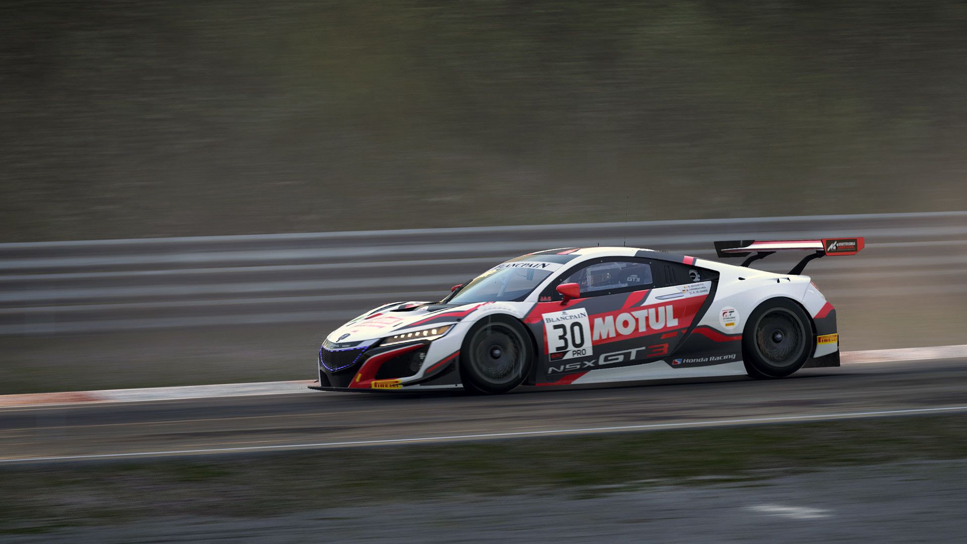 Assetto Corsa Competizione screenshot showing race car on track from the side.