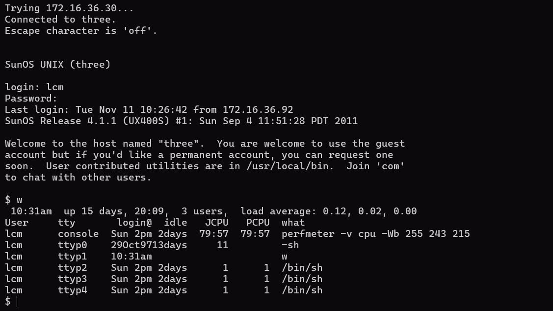 SSH session in a vintage Unix system.