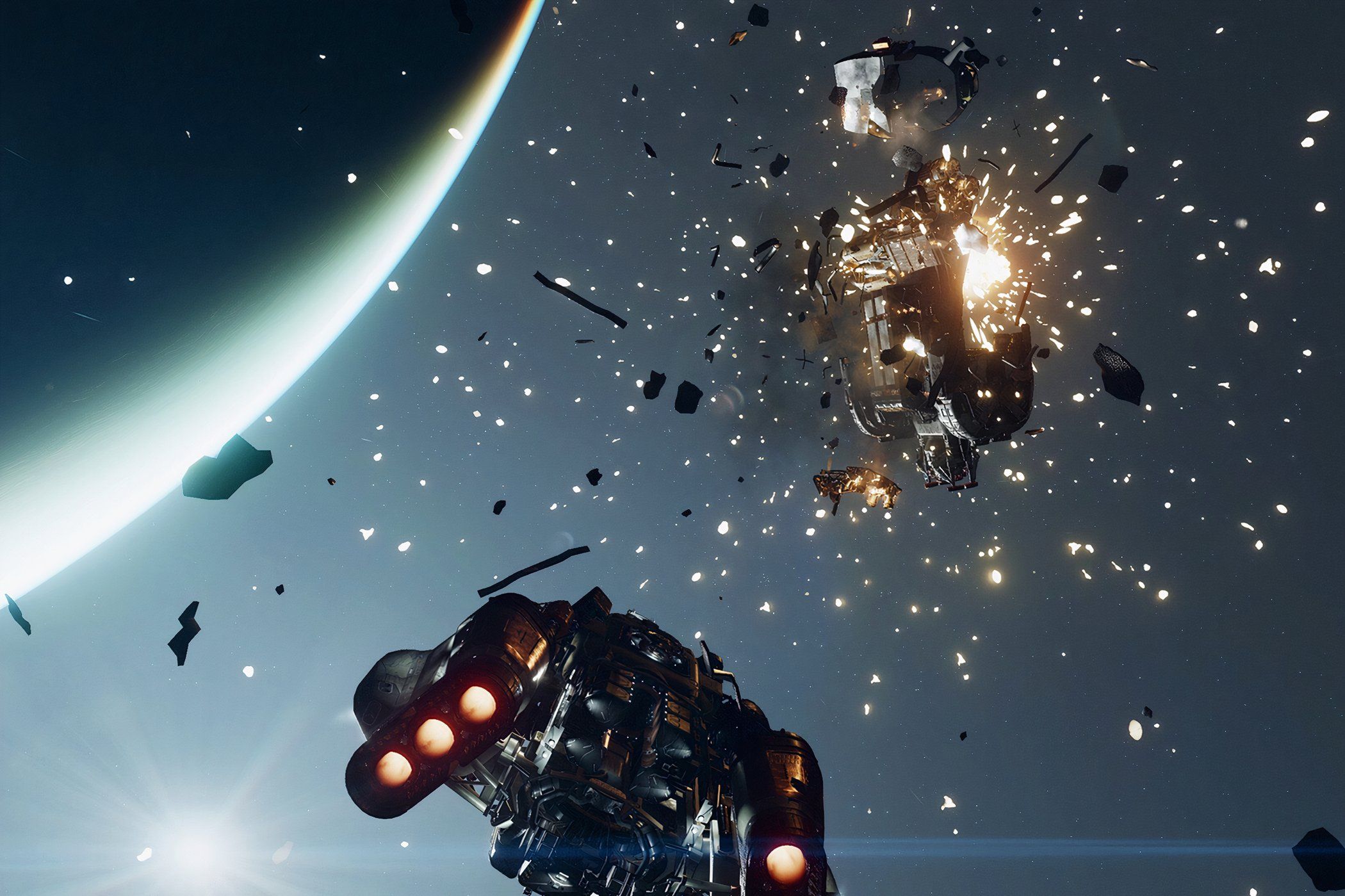 Starfield player Blowing Up A Ship and flying toward it.