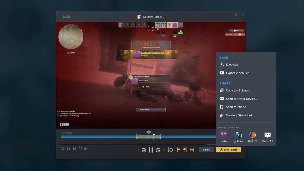 Reviewing a record gameplay video in the Steam client.