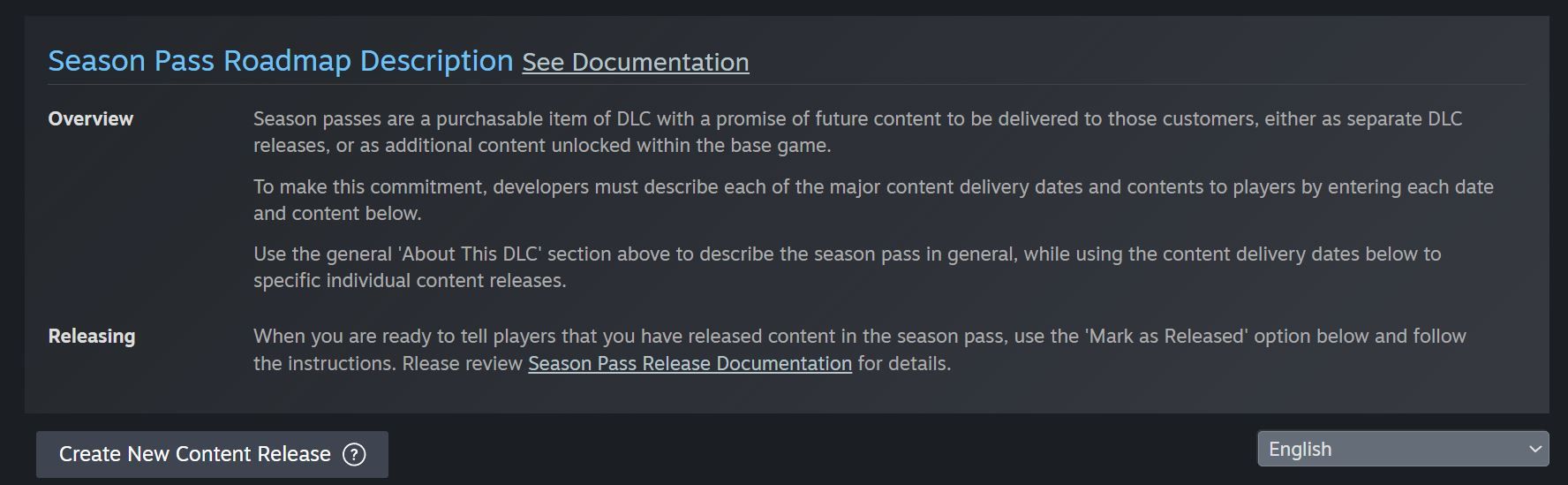 Steam Seaon Pass roadmap creation, showing a roadmap description and what sellers need to understand before making new content