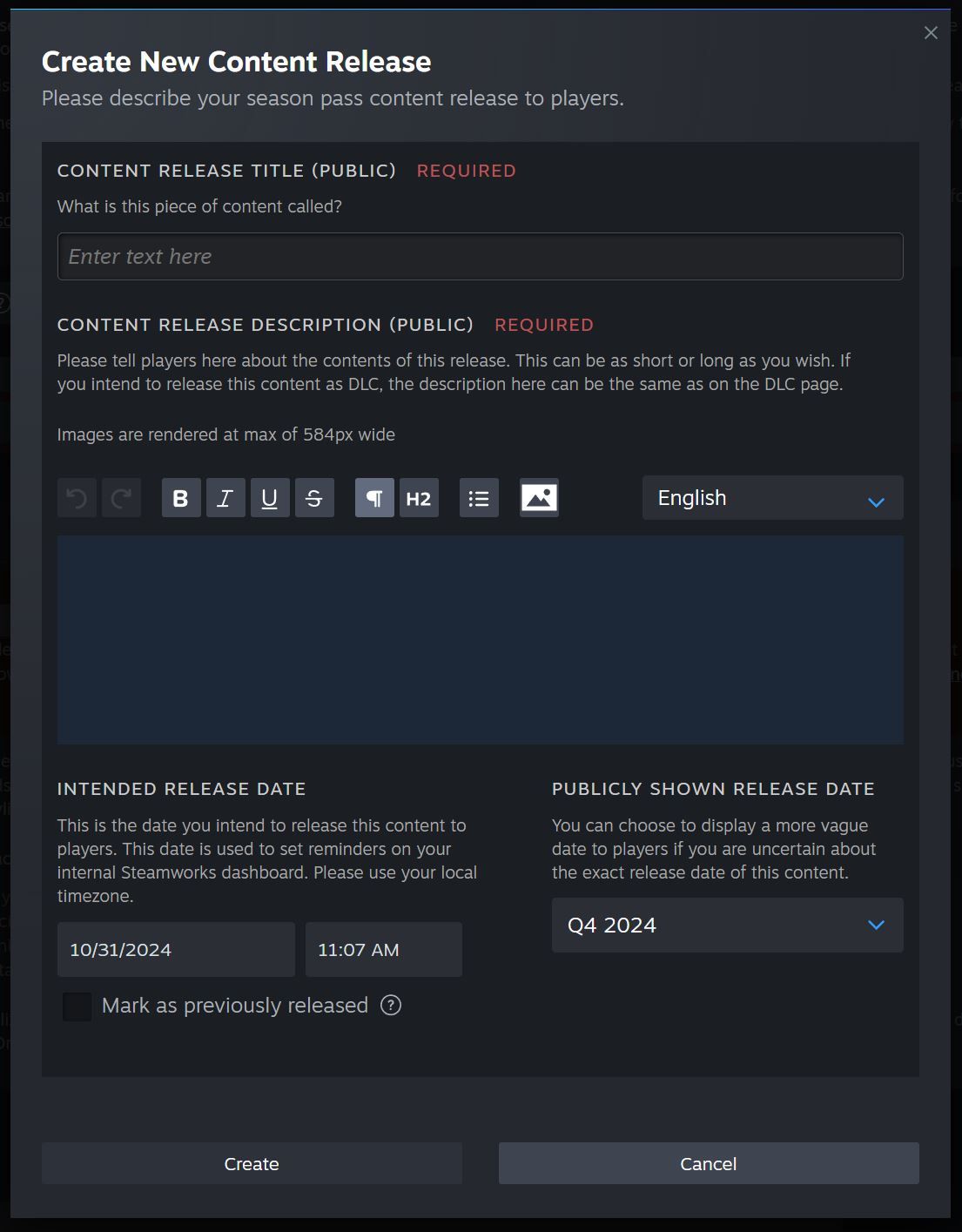 Steam Season Pass Creation, showing how to create a new release title, what comes with it, the date, and what's shown publicly.