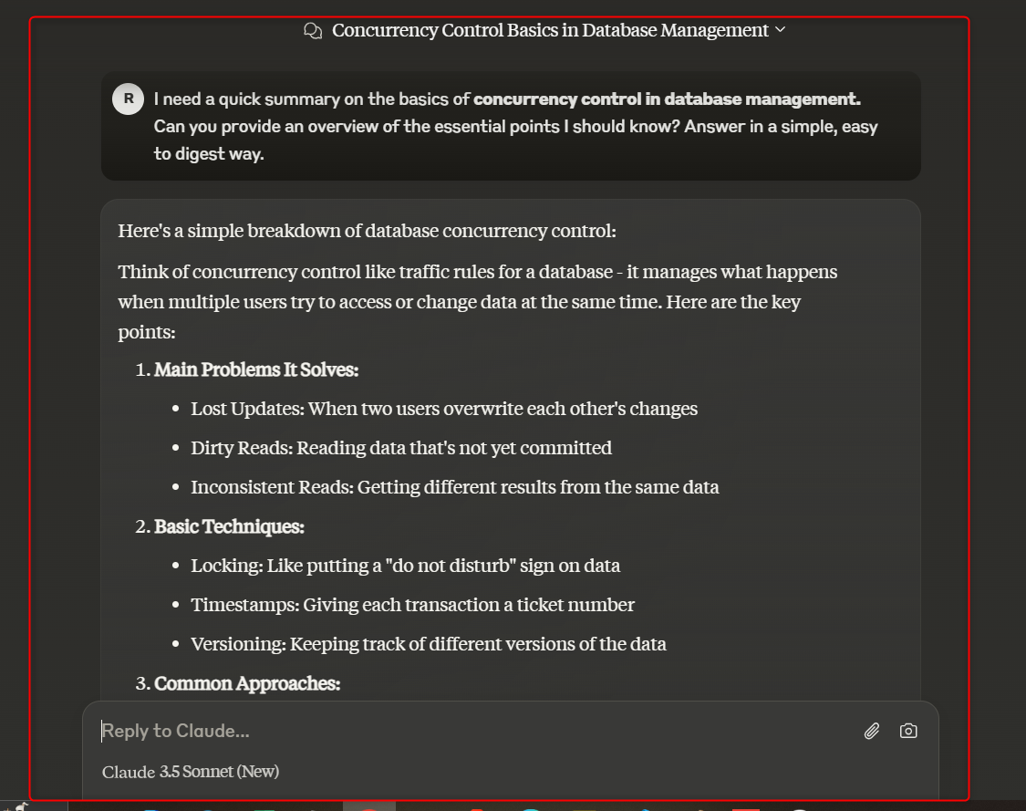 Dialogue between user and Claude AI about learning the basics of concurrency control in database management.