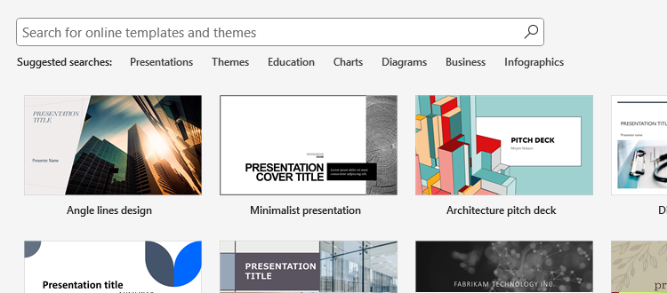 Suggested PowerPoint themes and layouts on the program's welcome screen.