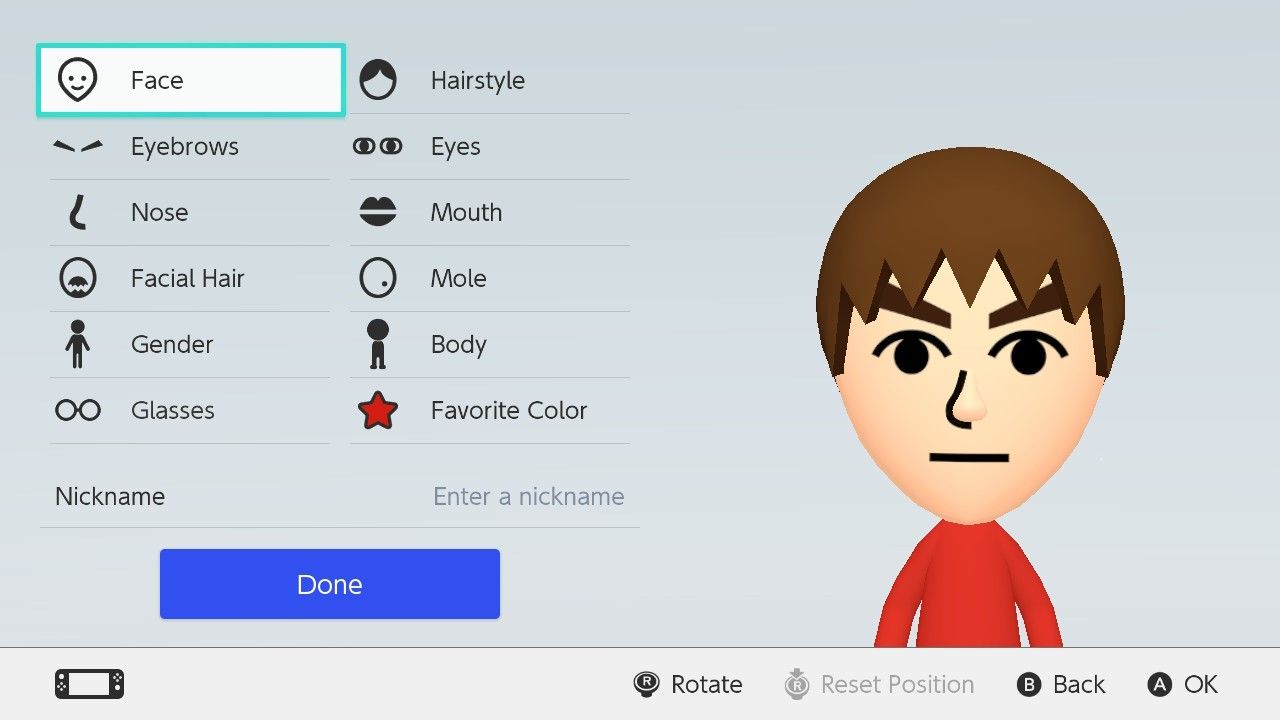 The Mii Maker on the Nintendo Switch.