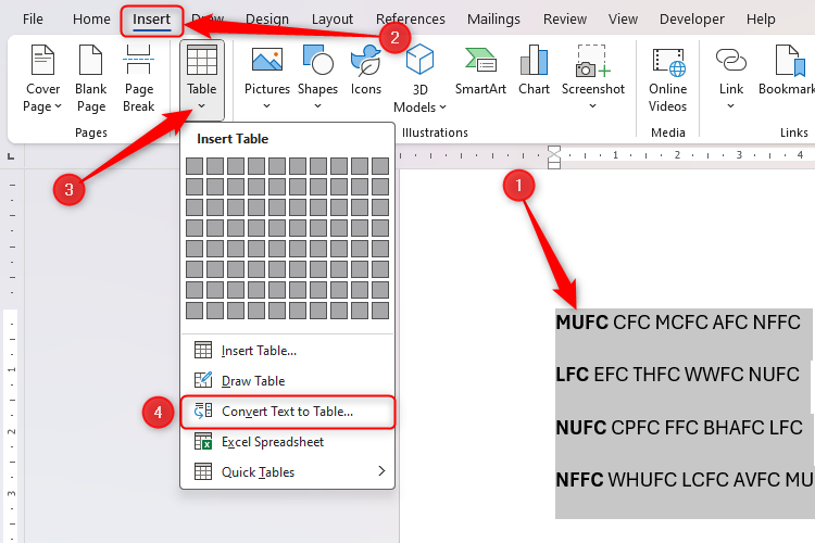 Text selected in Microsoft Word, and the Convert Text To Table option highlighted in the Table drop-down in the Insert tab on the ribbon.