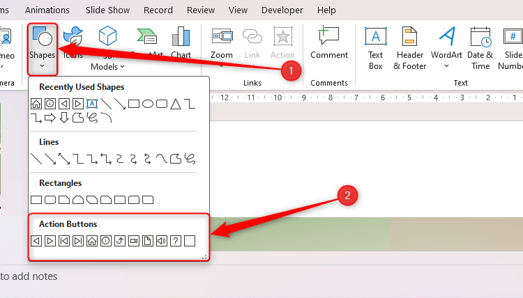 The action buttons in the Shapes drop-down of the Insert tab on the ribbon.