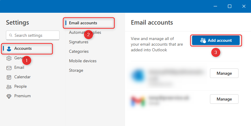 The Add Account option in the new Outlook Settings window.