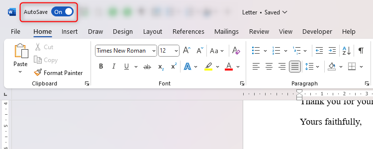 The AutoSave toggle is switched to On in Microsoft Word.