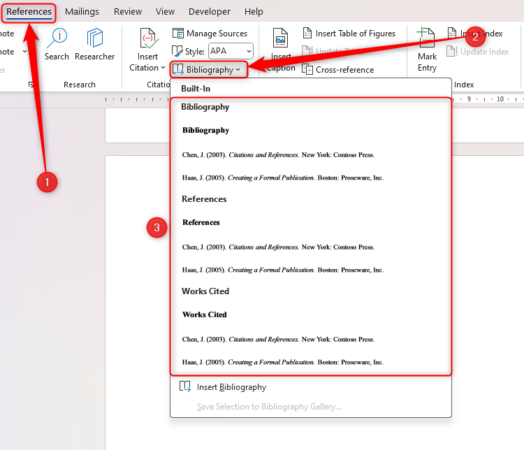 The Bibliography drop-down menu in the References tab in Microsoft Word.