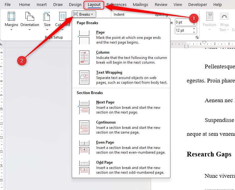 The Breaks drop-down menu in Microsoft Word.