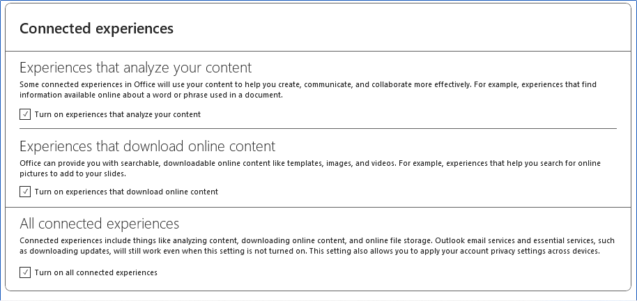 The Connected Experiences options accessed through the Microsoft Word Options menus.