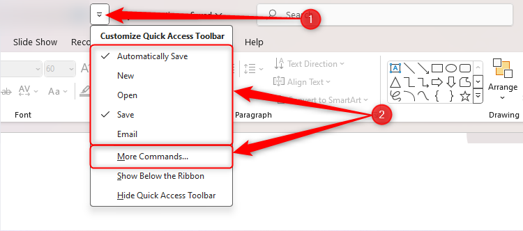 The Customize Quick Access Toolbar menu in Microsoft PowerPoint.