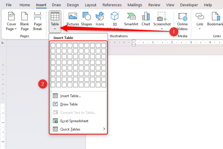 The different options for creating a table through Microsoft Word's Table drop-down menu.