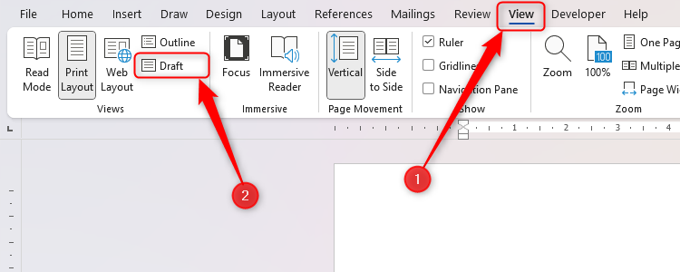 The Draft view is selected in Word's View tab on the ribbon.