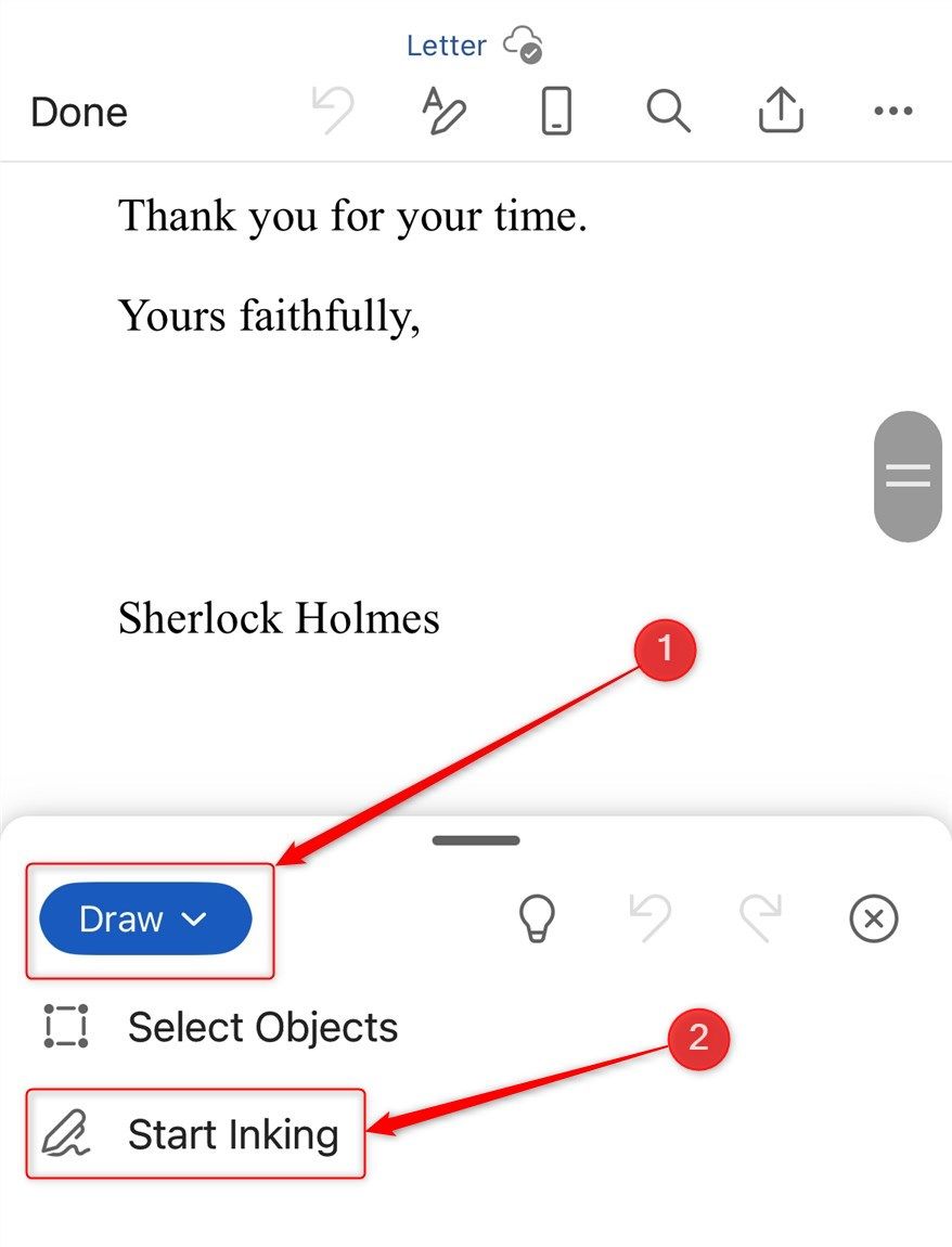 The Draw menu in the Microsoft Word mobile app, with the Start Inking option selected.