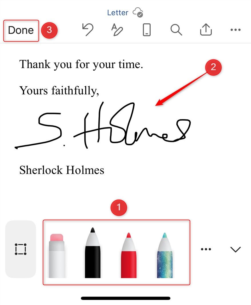 The draw pens in the Microsoft Word mobile app being used to add a signature to a document, and the Done button is also selected.