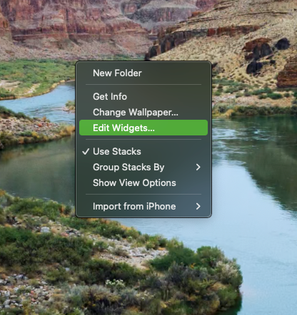 The Edit Widgets option in the right-click menu on a Mac's desktop.