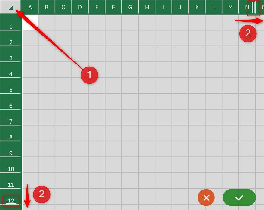 The Excel mobile app, with the select all button selected, and the cell resize handles highlighted.