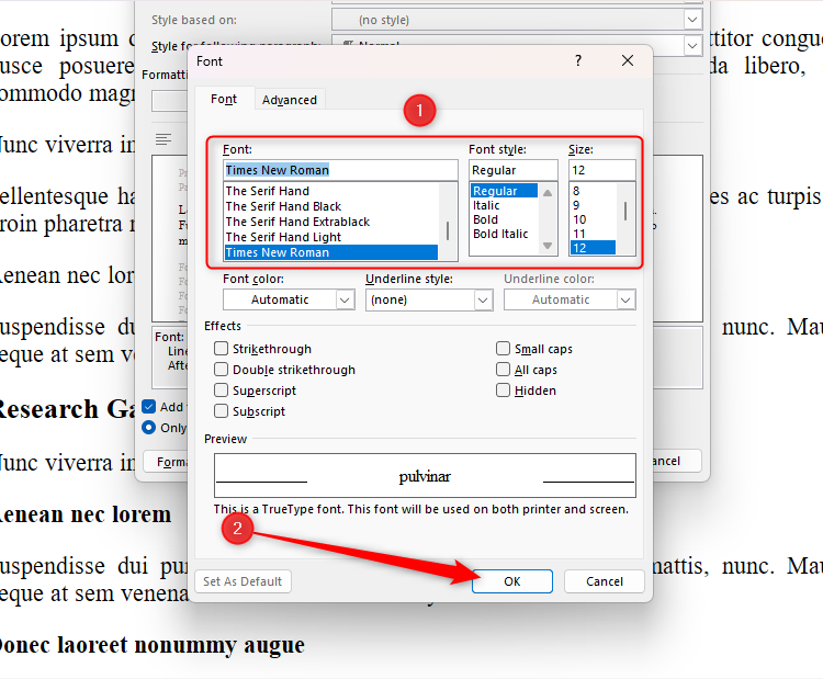 The Font dialog box, accessed through the Modify Style dialog box, with the font, style, and size options highlighted.