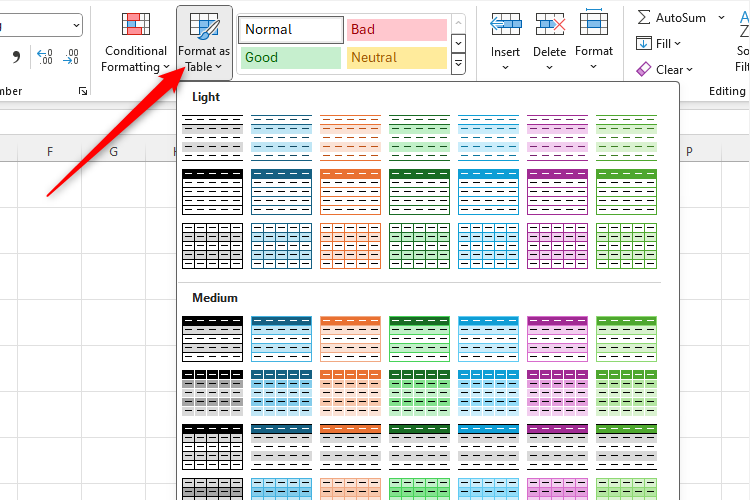 The Format As Table drop-down menu in Microsoft Excel.