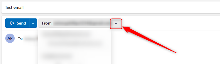 The 'From' drop-down arrow in a reply email in the new Outlook.