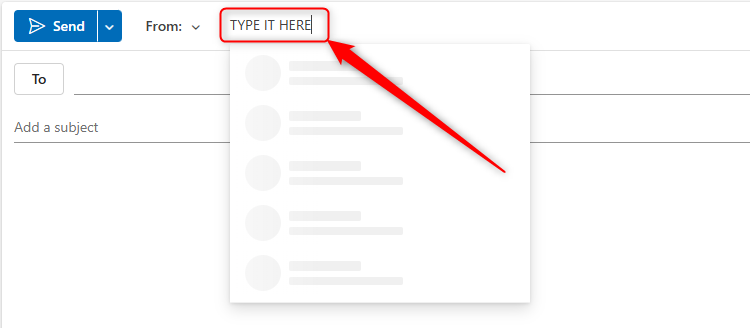 The 'From' field in the new Outlook, with text indicating where to type the desired 'From' email address.