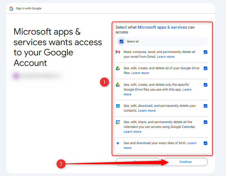 The Gmail sign-in to allow permissions to the new Outlook app.-1